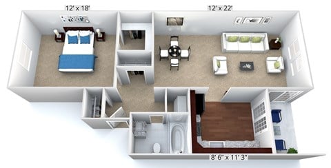 Floor plan for 1 bed, 1 bath, 744 sqft